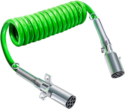 7 Way Coiled Trailer Cord 12 FT ABS Coil Cable Electrical Heavy Duty Green